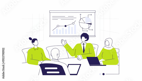 Business team discussing strategy with graphs and laptops in meeting