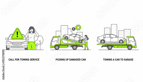 Towing service assists stranded driver with damaged car to garage