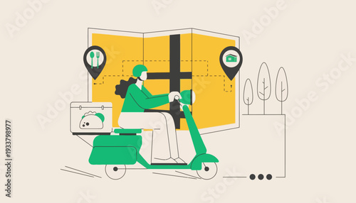 Delivery person riding scooter with package through city streets