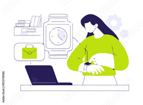 Woman sitting at desk working on laptop with clock and emails