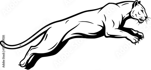 Powerful Jumping Cougar  Panther Vector Illustration. Dynamic Black  White Wild Cat Mascot in Leaping Action, Ideal for Sports Logos  Athletic Designs.