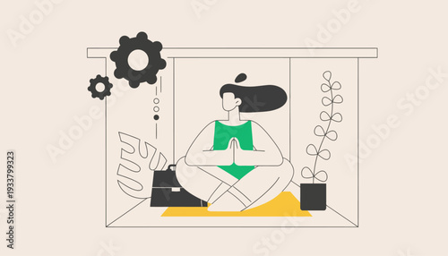 Person meditates in a serene indoor garden surrounded by plants and gears