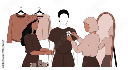 Two women assist a man trying on clothes in a store with shirts