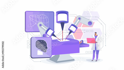 A futuristic robotic system with multiple arms performs surgery on a brain model while a scientist observes with a tablet in hand.