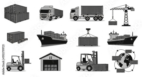 Collection of shipping and logistics icons and illustrations.