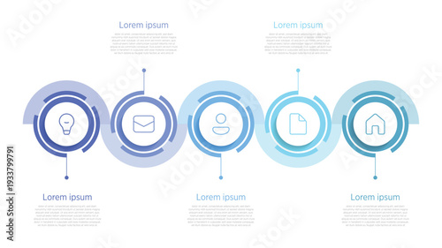 A sleek horizontal timeline infographic featuring 5 key milestones connected by flowing arrows, with flat icons for growth, innovation, and success.