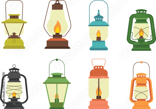 Vintage Oil Lantern and Kerosene Lamp Vector Set with Glowing Flames for Camping and Rustic Lighting Design