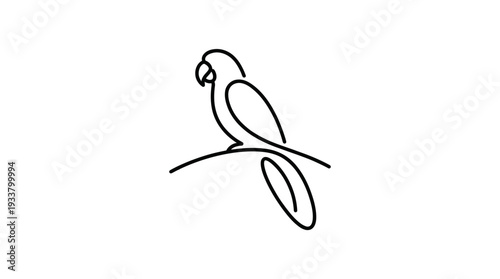 Parrot on Branch One-Line Icon, Single Continuous Line Perched Bird Minimal Outline