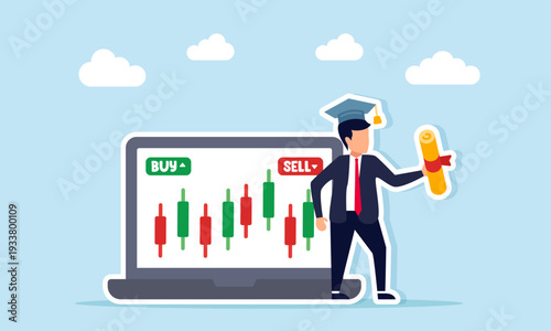Businessman wearing graduation cap holding diploma standing near laptop with stock trading interface and candlestick chart illustration of success as professional trader