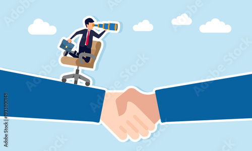 Businessman using telescope while riding chair above handshake illustration of analyzing business collaboration agreement results