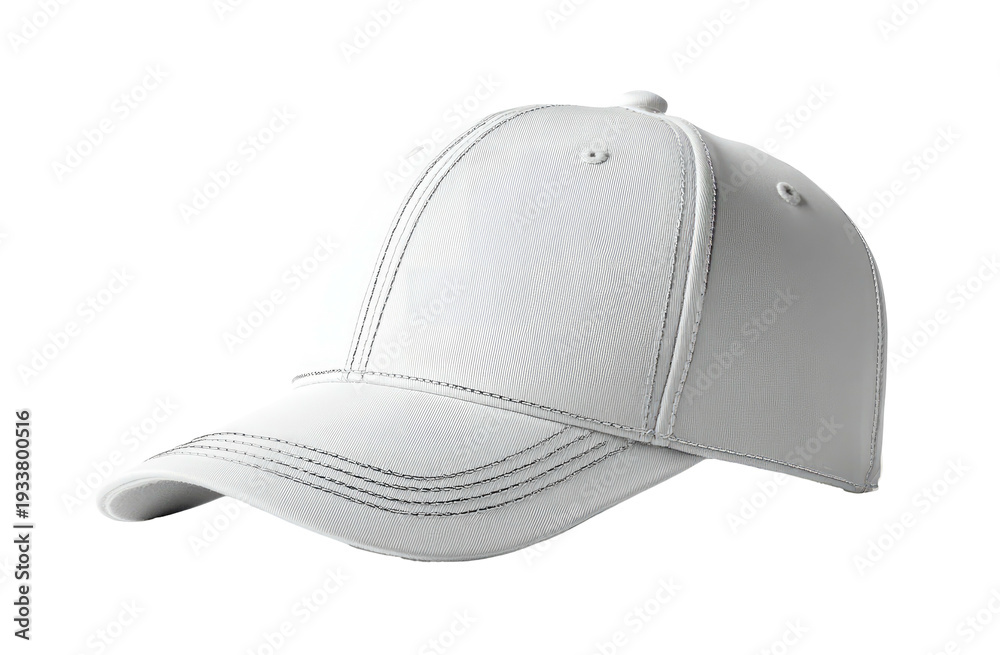 Fototapeta premium Plain white baseball cap with seams and a slight shadow on a transparent background