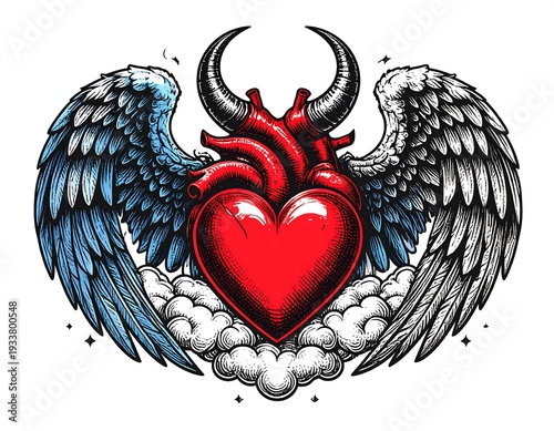 Wallpaper Mural A stylized illustration features a red heart with horns, angel wings, and fluffy clouds, rendered in a vintage style Torontodigital.ca