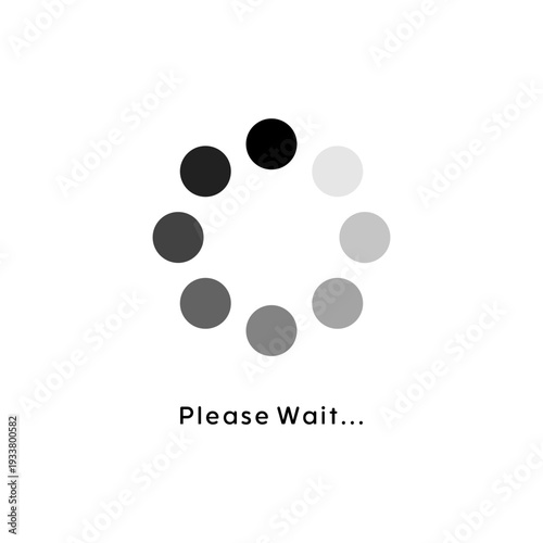 Minimalist circular loading progress icon with large dots spinner and please wait text on a solid white background for digital UI UX.