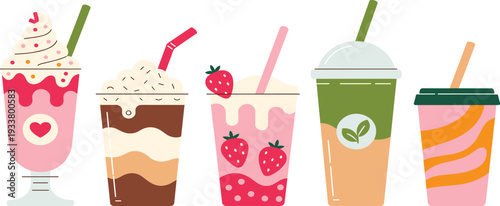 Vibrant Summer Drinks Collection with Refreshing Fruit Smoothies Milkshakes and Coffee for Cafe Menu Graphic Design