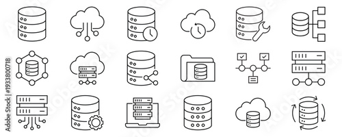 Data Center line editable icon set. Containing server, hosting, cloud computing, security, internet, computer, data processing, and more. Editable stroke. Vector illustration