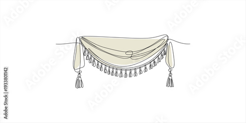 Sketch of a classical window valance with decorative fringe and hanging tassels on each side