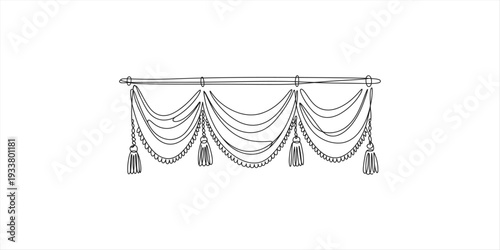 A simple black and white line drawing of a decorative window valance with tassels and swags.