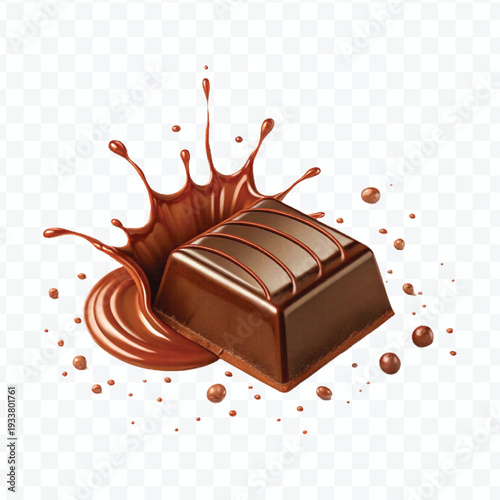 realistic 3d piece of chocolate with liquid chocolate splash in different style isolated on transparent background	