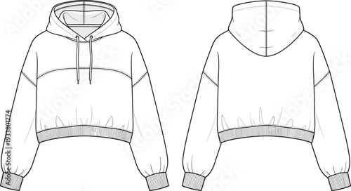 Technical flat sketch of cropped bomber jacket vector template featuring cargo chest pockets and utility arm pocket with ribbed trim details.
