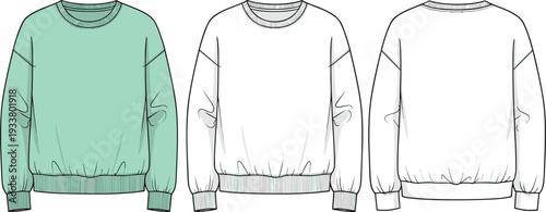 Set of oversized sweatshirt technical sketches including front and back views with mint green and white color options for fashion design mockups