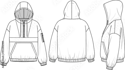 Technical fashion flat sketch of anorak half zip hoodie vector illustration with kangaroo pocket utility sleeve pocket and elasticated hem for outerwear design template.