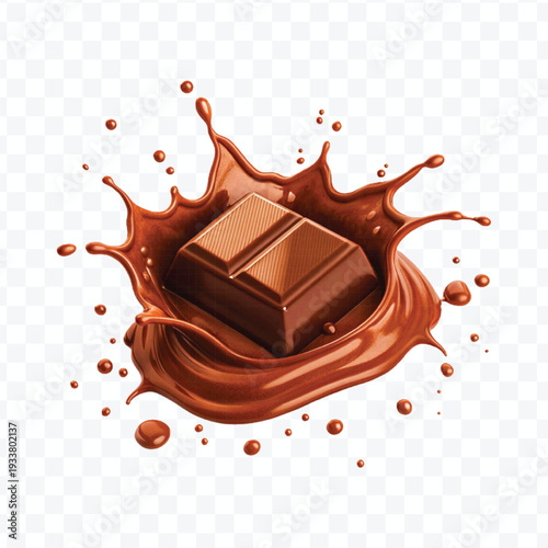 realistic 3d piece of chocolate with liquid chocolate splash in different style isolated on transparent background	