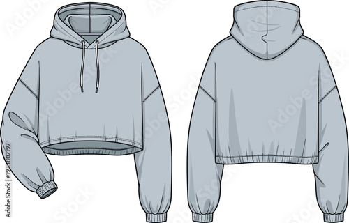 Technical fashion flat sketch of women oversized cropped hoodie vector illustration with drawstring hood and elastic hem for streetwear apparel design template.