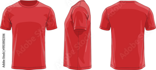 Red men crew neck short sleeve t-shirt vector illustration mockup with front side and back view for apparel branding and garment design template.