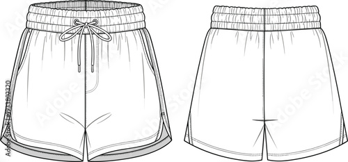 Technical flat sketch of athletic running shorts featuring elastic drawstring waistband and side vents with front and back views for sportswear and gym apparel design.