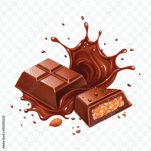 realistic 3d piece of chocolate with liquid chocolate splash in different style isolated on transparent background	