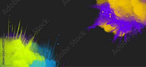 Vibrant powder explosion with multicolor holi pigments bursting in dynamic motion. Realistic vector illustration of festive paint splash border, abstract frame patterns on black background