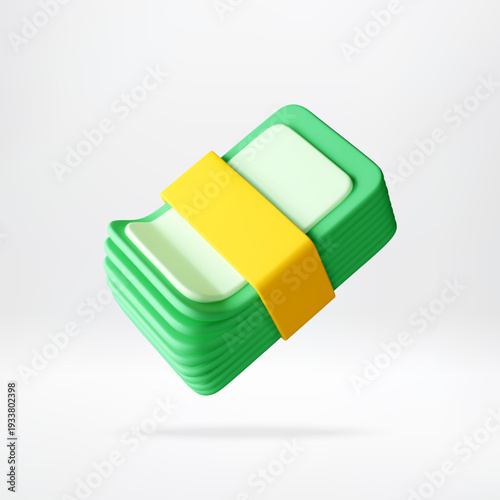 3d Stack of green paper bills with a yellow ribbon. Concept of accumulation of wealth, financial stability, and currency exchange. Vector illustration