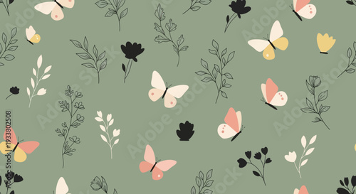 Beautiful butterflies and floral pattern on green background
