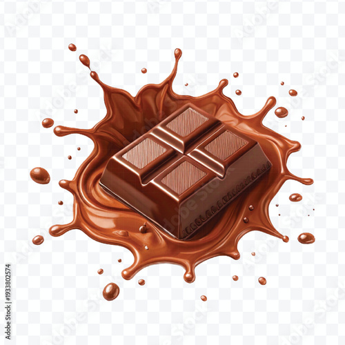 realistic 3d piece of chocolate with liquid chocolate splash in different style isolated on transparent background	