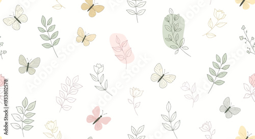 Colorful butterflies and leaves pattern on white background