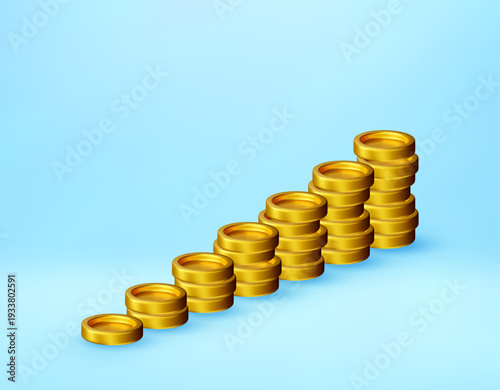 3d Golden coins revenue growth rising chart. Financial success and increasing profit concept for business. Investment diagram. Vector illustration