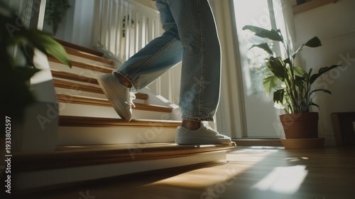 Person ascending stairs in home