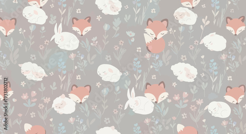 Sleeping animals in floral pattern