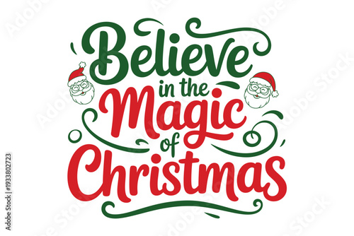 Christmas text illustration with Santa Claus faces and decorative swirls