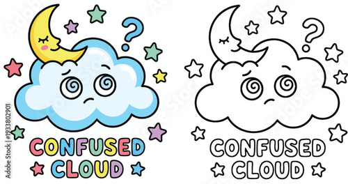  A cute cloud with sleeping moon stars, a question mark, and dizzy eyes Children's vector illustration in color and line art A coloring page with confused cloud cartoon characters