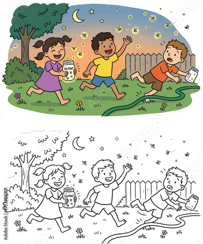 Kids Joyfully Catching Glowing Fireflies in Jars at Twilight Summer Night Illustration