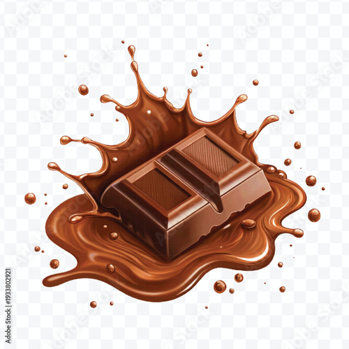 realistic 3d piece of chocolate with liquid chocolate splash in different style isolated on transparent background	