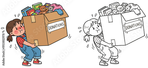 Struggling Child Carrying Heavy Donation Box Color and Line Art Illustration
