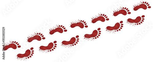 Bloody footprint vector set, featuring red shoe prints with splatters and dripping effects, ideal for horror, Halloween, and crime scene investigation designs.
