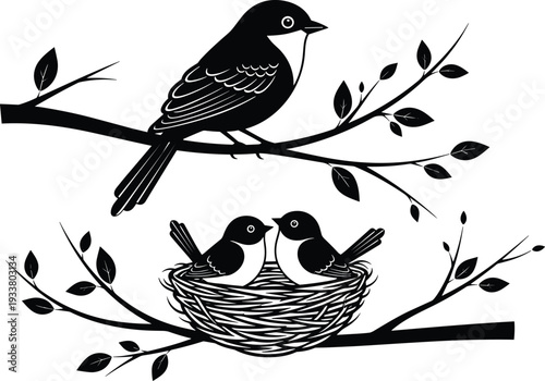 Bird Family Silhouette with Parent on Branch and Two Chicks in Nest Black Vector Illustration