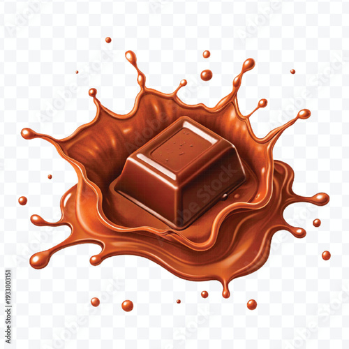 realistic 3d piece of chocolate with liquid chocolate splash in different style isolated on transparent background	