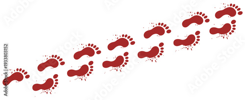 Bloody footprint vector set, showcasing realistic red shoe prints with splashes and drips for thriller themes, spooky decorations, and forensic concept graphics.