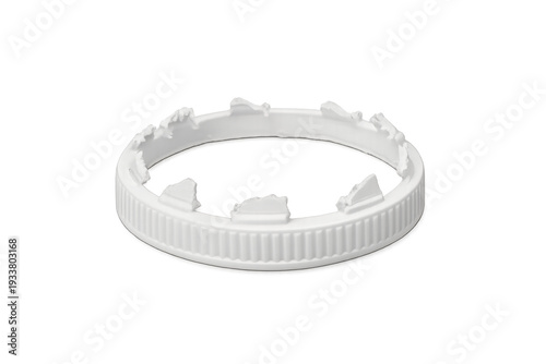 White plastic bottle cap broken tamper-evident security ring