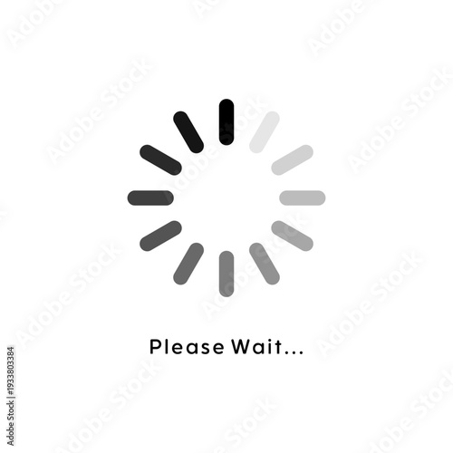 Minimalist circular loading progress icon with bar style spinner and please wait text on a solid white background for digital UI UX.