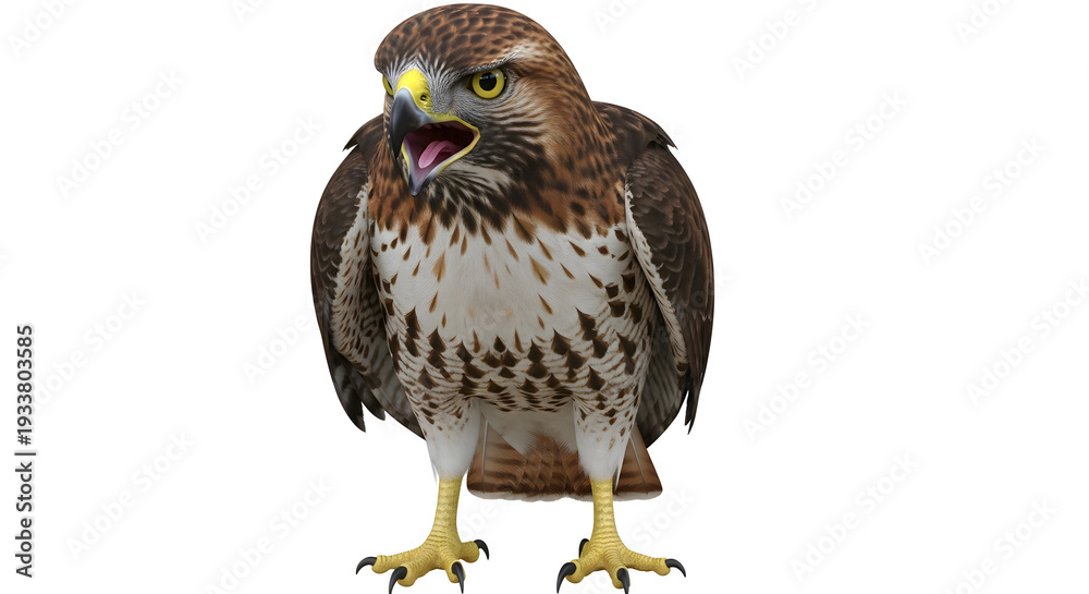 Obraz premium Realistic 3D rendering of a powerful hawk or falcon with wings folded, isolated on a solid white background